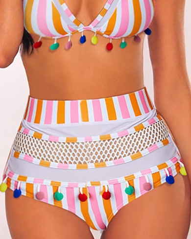 Striped Pom Pom High Waist Bikini Set