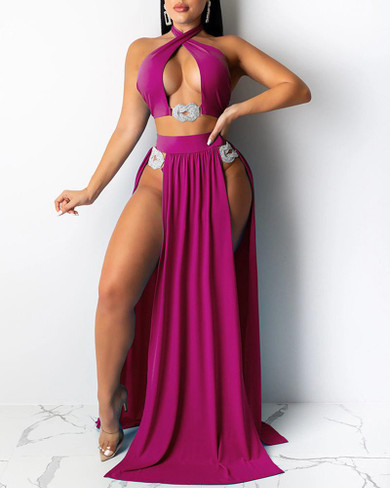 Solid Halter Bikini Sets With Cover Ups