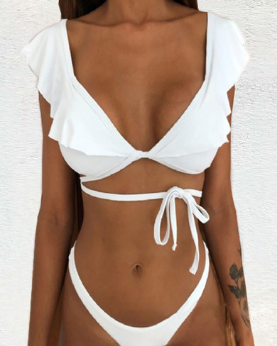 Solid Ruffles Tied Bikini Set