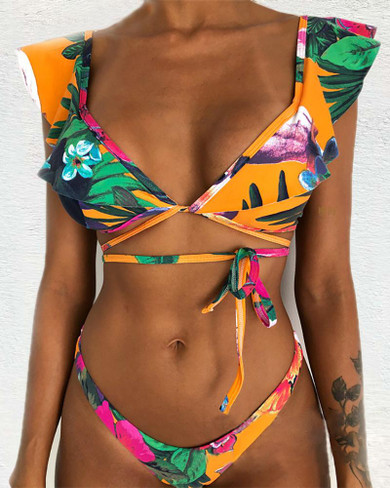 Floal Print Ruffles Tied Bikini Set