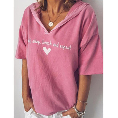 Letter Print Short Sleeve Loose Casual Hooded Shirt
