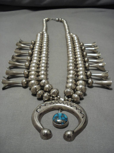 317 Gram Vintage Native American Navajo Sterling Silver Turquoise Squash Blossom Necklace
