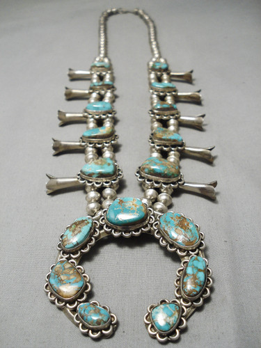 Amazing Vintage Native American Navajo Royston Turquoise Sterling Silver Squash Blossom Necklace Amazing Vintage Native American Navajo Royston Turquoise Sterling Silver Squash Blossom Necklace