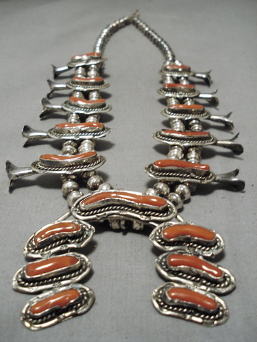 Authentic Vintage Native American Navajo Huge Coral Sterling Silver Squash Blossom Necklace Old