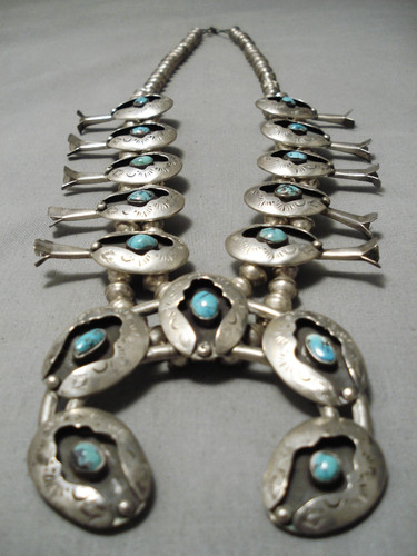 Authentic Vintage Native American Navajo Turquoise Sterling Silver Squash Blossom Necklace Authentic Vintage Native American Navajo Turquoise Sterling Silver Squash Blossom Necklace