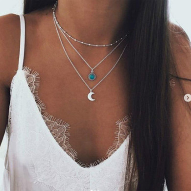 Bohemian jewelry 2018 new fashion pop jewelry moon three-layer multi-layer necklace female wholesale (Silver)