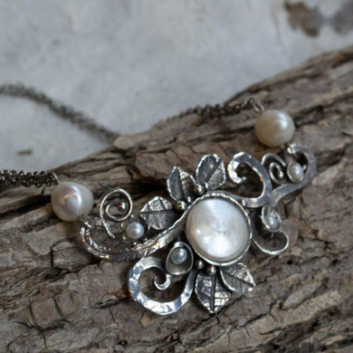 Coin pearl pendant, bridal necklace, silver pendant, leaves pendant, pearls necklace, botanical necklace, boho necklace - Crazy love 2 N4630