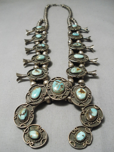 Fine Vintage Native American Navajo Royston Turquoise Sterling Silver Squqash Blossom Necklace Fine Vintage Native American Navajo Royston Turquoise Sterling Silver Squqash Blossom Necklace