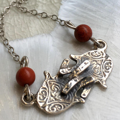 Hamsa hand necklace, Layering Necklace, hand of fatima pendant, Minimalist coral necklace, sterling silver symbol pendant - Hand shake N2084