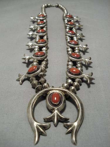 Heavy Vintage Native American Navajo Domed Red Coral Sterling Silver Squash Blossom Necklace Old Heavy Vintage Native American Navajo Domed Red Coral Sterling Silver Squash Blossom Necklace Old