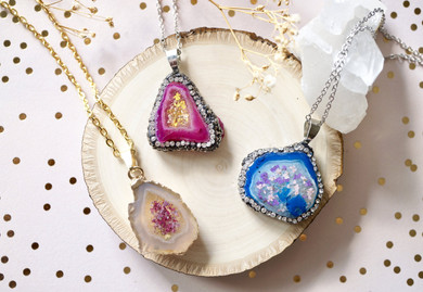 Real Dried Flowers and Resin Necklace, Blue Crystal Druzy Geode in Purple and Pink