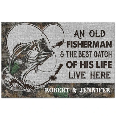 An Old Fisherman And The Best Catch Of His Life Live Here Personalized Doormat/Welcome Mat