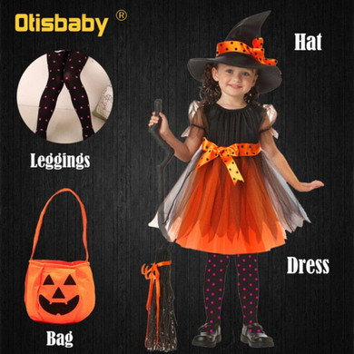 4Pcs Girls Witch Dress Candy Bag Leggings Hat Clothing Set Halloween Witch Costume Kids Carnival Girls Witch Cosplay Costume