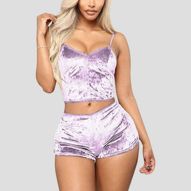WENYUJH 2020 Women 2pcs Velvet Sleepwear Sexy Spaghetti Strap Velvet Shorts Pajama Set Ladies Sleepwear female Pajama Party Set