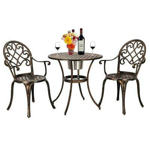 3pc Patio Bistro Furniture Set Outdoor Garden Iron Table Chairs Built-In Ice Bucket