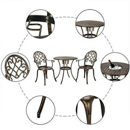 3pc Patio Bistro Furniture Set Outdoor Garden Iron Table Chairs Built-In Ice Bucket