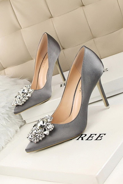 Faux Silk Satin Stiletto Rhinestone Crystal Shallow Woman's High Heel Pumps