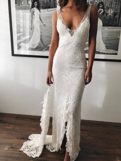 Sexy Mermaid Lace V-Neck Bridal Wedding Dress