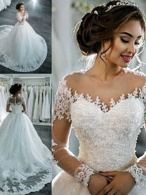 onlybridals Elegant A Line Long Sleeve Wedding Dress Tulle Appliques Beaded Princess Lace Wedding Gown