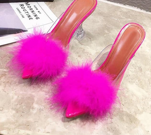 Woman Pumps Transparent Feather Perspex Crystal High Heels