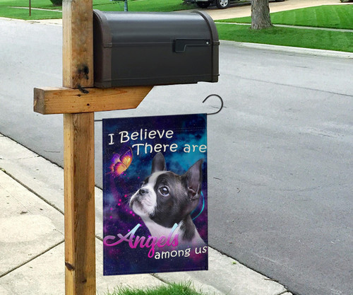 Frenchie Bulldog I Believe There Are Angels Among Us Flag Purple Blue Galaxy Flag Wall Art