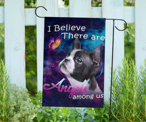 Frenchie Bulldog I Believe There Are Angels Among Us Flag Purple Blue Galaxy Flag Wall Art
