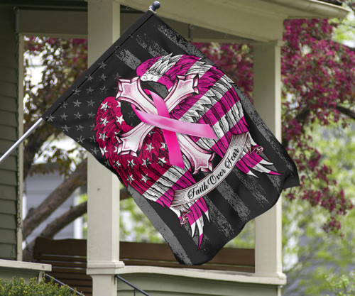 Faith Over Fear Pink Ribbon With Angel Wings American Flag Breast Cancer Flag Family Wall Art