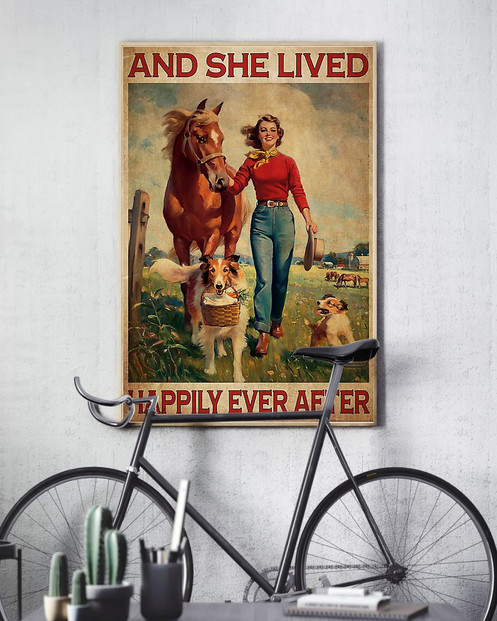 Girl With Horse And Dogs Happily Ever After Vintage Poster Wall Art Birthday Gifts For Her