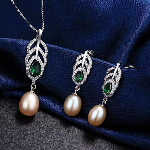 925 Sterling Silver Necklace With Freshwater Pearl Pendant and Earring Jewelry Set