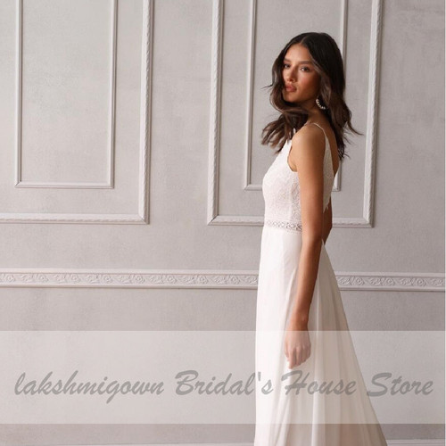 Simple Lace Chiffon Long Wedding Dresses for Chic Boho Bridal Reception Boda Wedding Party Gowns
