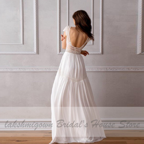 Simple Boho Wedding Dress Backless Vintage Lace Long Wedding Dresses Chiffon Bridal Gowns