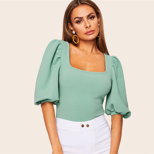 Turquoise Puff Sleeve Solid Fitted Half Sleeve