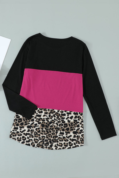 Rosy Leopard Print Color Block Sequin Pocket Top