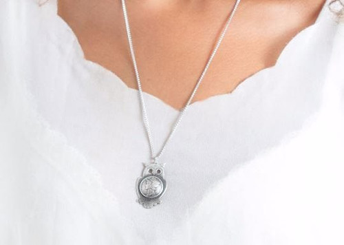 Sterling silver old coin necklace with the Mercury Dimes coin of US, ook piece of jewelry with owl