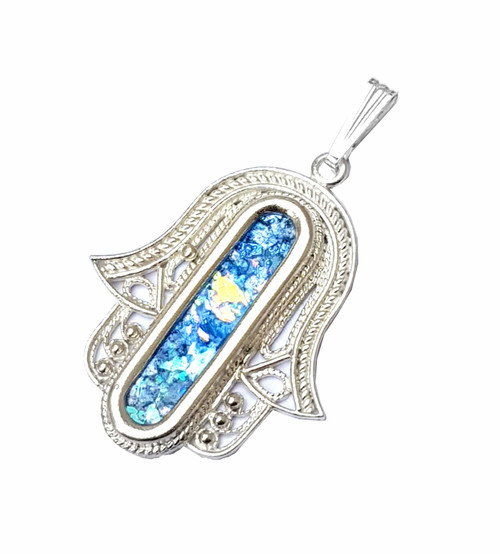 Filigree Silver or Gold Roman Glass Column Hamsa Pendant