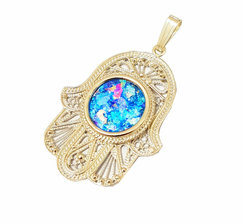 Gold Roman Glass Hamsa Pendant Jewelry