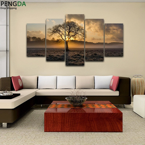 Canvas Painting Vintage Wall Art Frame Printed Pictures of 5 Panel Poster Sunrise Tree Landscape Photo for Living Room Decor