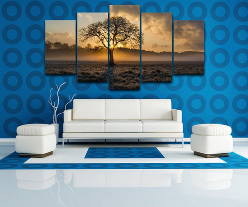 Canvas Painting Vintage Wall Art Frame Printed Pictures of 5 Panel Poster Sunrise Tree Landscape Photo for Living Room Decor