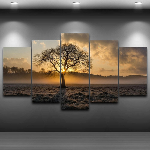 Canvas Painting Vintage Wall Art Frame Printed Pictures of 5 Panel Poster Sunrise Tree Landscape Photo for Living Room Decor