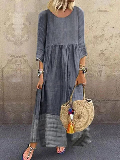 Women 3/4 Sleeve O-neck Stitching Vintage Maxi Dress