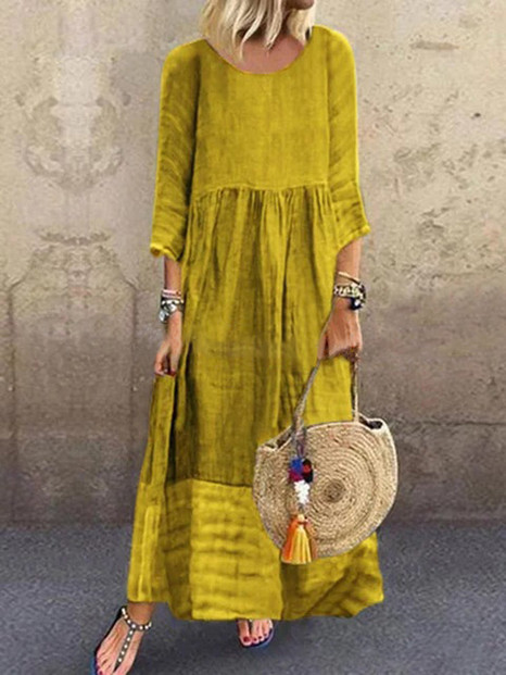 Women 3/4 Sleeve O-neck Stitching Vintage Maxi Dress