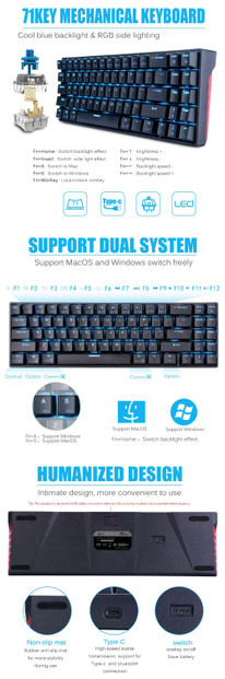 Royal Kludge RK71 71 Keys Mechanical Gaming Keyboard bluetooth3.0 Wireless USB Wired Dual Mode ICE Blue LED Backlight Gaming Keyboard