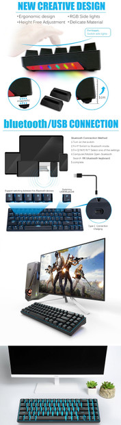 Royal Kludge RK71 71 Keys Mechanical Gaming Keyboard bluetooth3.0 Wireless USB Wired Dual Mode ICE Blue LED Backlight Gaming Keyboard