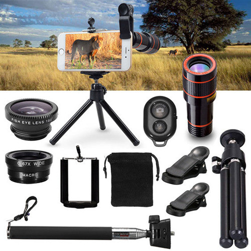 All in1 Phone Camera Lens 12X Telescope Selfie Stick Tripod bluetooth Remote Kit