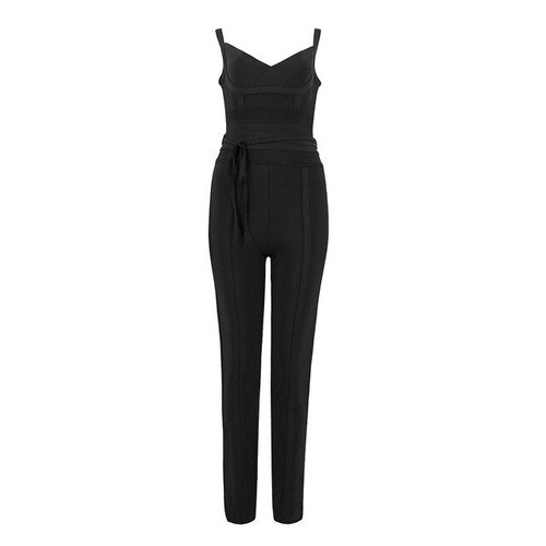 2018 New Arrival Women Sexy Full Length Bandage Jumpsuits Top Quality Belt Skinny Jumpsuits Color Black