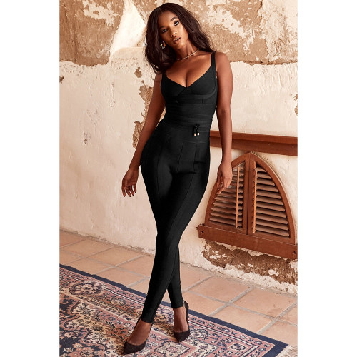 2018 New Arrival Women Sexy Full Length Bandage Jumpsuits Top Quality Belt Skinny Jumpsuits Color Black