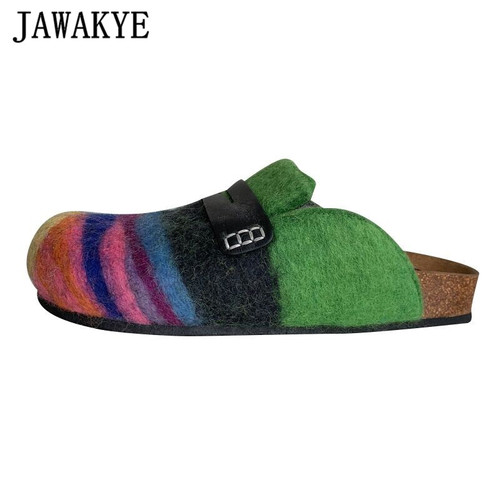 JAWAKYE Wool felt covered toe half slippers Women Runway Clogs platform Shoes outdoor thick bottom rainbow slippers Mules shoes