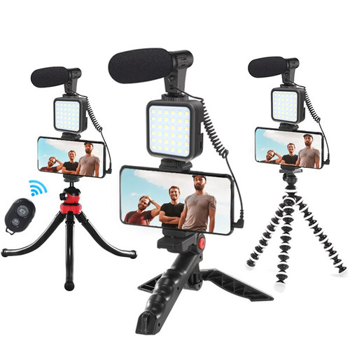 Professional Studio Microphone For Phone Camera Vlog Video Recording Condenser Microphone with Tripod LED Light Tabletop Stand