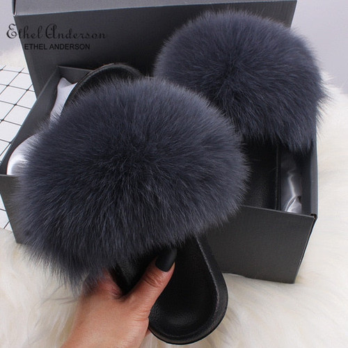 Ethel Anderson Fashion Real Raccoon Fur Slippers Slides Summer Flip Flops Casual Vogue Fox Fur Sandals Vogue Plush Shoes