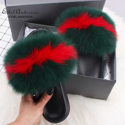 Ethel Anderson Fashion Real Raccoon Fur Slippers Slides Summer Flip Flops Casual Vogue Fox Fur Sandals Vogue Plush Shoes